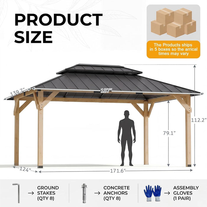 12' X 16' Wooden Gazebo,Patio Hardtop Gazebo Wood,Diy Color Permanent Pavilion with Galvanized Steel Double Metal Roof for Backyard, Deck(Windproof, Snow-Load Bearing, Waterproof, Rustproof)