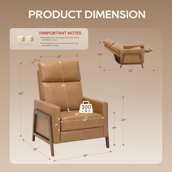 Push Back Recliner Chair, Upholstered Leather Recliner with Footrest 118-150 Degree Adjustable, Comfy Modern Wingback Recliner for Living Room, Bedroom,Small Spaces,Camel