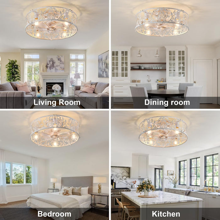 20" Caged Ceiling Fan with Light, Flush Mount Bladeless Fandelier with Remote, Small Low Profile for Bedroom, Kitchen, Dining Room, White Gold