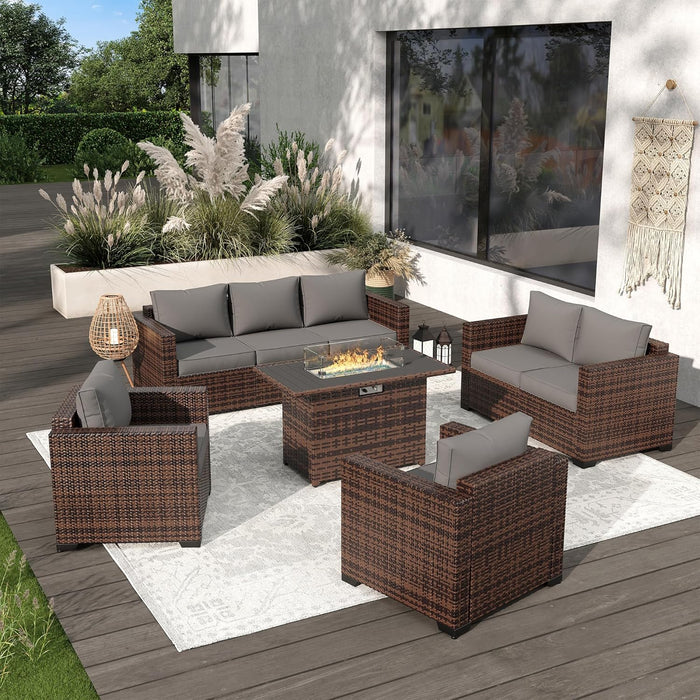 Oversized Outdoor Sectional Sofa Set with 44" Metal Fire Pit Table & Storage Coffee Table - Waterproof Wicker Patio Furniture Set, Modular Furniture with Removable Cushions (Grey)