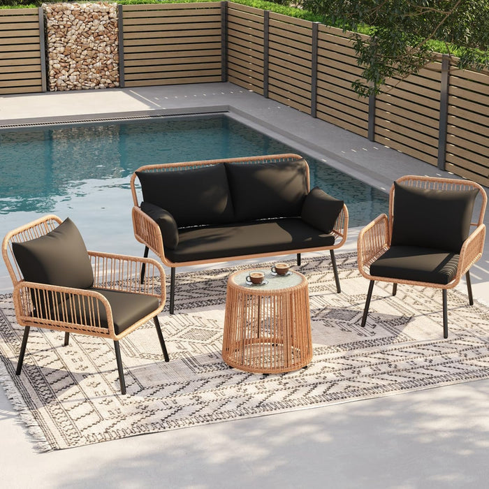 4 Pieces Patio Furniture Set, Outdoor Wicker Patio Conversation Set, Patio Sectional Table and Chairs Set of 4 with Cushion and Pillow, Coffee Side Table (Black)