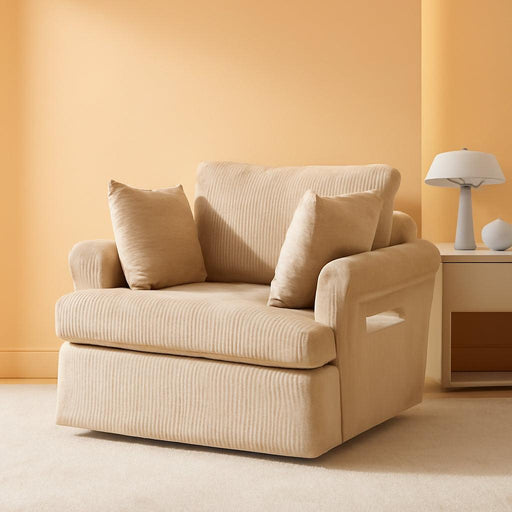 39" Swivel Accent Chair,Oversized Seat Armchair W/2 Pillows and 4 Pockets,Modern Upholstered Corduroy Barrel Chairs,Comfy Single Sofa for Living Room,Reading,Bedroom and Office-Khaki