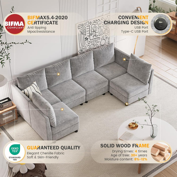 Modular Sectional Sofa Middle Seat Module Couch Side Sectional Free Configuration Middle, Light Gray