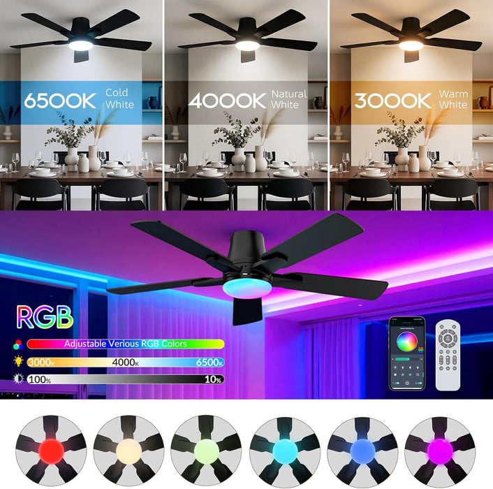 42" RGB Ceiling Fans with Lights, Low Profile Ceiling Fan with Light, RGB+3CCT 6 Wind Speeds, App & Remote Control, Flush Mount LED Fan Light, Fandelier Ceiling Fan for Bedroom, Living Room