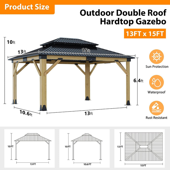 13x15Ft Cedar Wood Gazebo GalvanizedSteelDoubleRoof