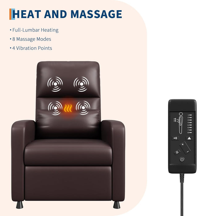Power Recliner Chair - Heat and Massage, Adjustable Electric Recliner Ergonomic PU Leather Single Sofa, Tall Back, Padded Seat, Home Theater Seating for Living Room