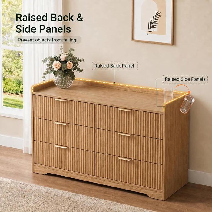 Fluted Modern 6 Drawer Dresser for Bedroom, 47"W X 26"H, Natural Oak
