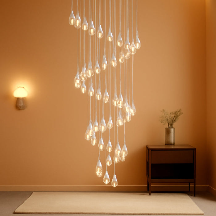 56-Lights 20 Feet Large Modern Chandelier LED Light Fixtures High Ceiling Long Light Chandelier for Entrance Foyer Dimmable Lights with Remote Living Room Ceiling Pendant Lighting Shine Silver