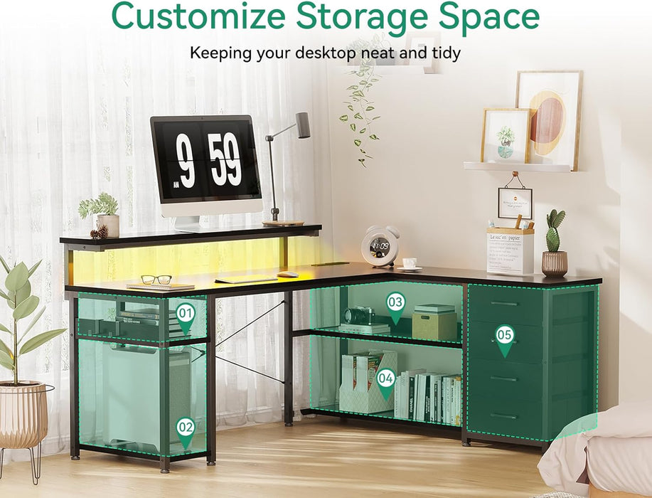 61" L Shaped Desk with Drawer, Computer Desk with Power Outlets & LED Lights, Reversible Corner Gaming Desk for Home Office Workstation, Office Desk with Monitor Shelf, Pure Black