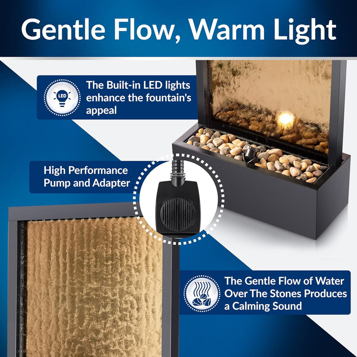 72" Tall Indoor/Outdoor Mirror Waterfall Floor Fountain, LED Lights & River Stones, Elegant Bronze Finish for Home, Office, Patio & Entryway Decor
