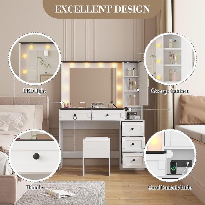 Makeup Vanity Desk and Stool, Vanity Desk with Lights, Vanity Table Set with Charging Station, Drawers and Hidden Storage Shelves, White