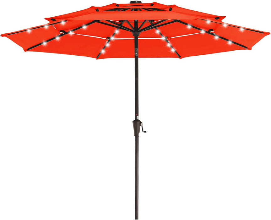 3 Tiers Patio Umbrella with Solar Lights 9Ft Outdoor Market Table Umbrellas with Push Button Tilt for outside Pool Garden, Orange