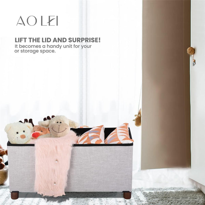 30 Inches Storage Ottoman Bench, Storage Bench with Wooden Legs for Living Room Folding Ottoman Foot Rest Removeable Lid for Bedroom End of Bed, Linen Fabric