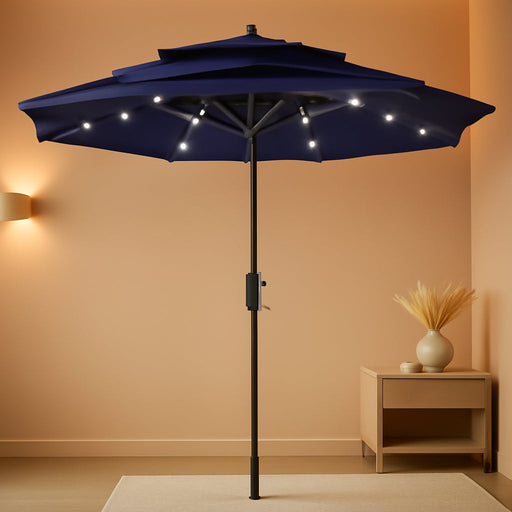 Best Choice Products 10Ft 3-Tier Solar Patio Umbrella, Outdoor Market Sun Shade for Backyard, Deck, Poolside W/ 24 LED Lights, Tilt Adjustment, Easy Crank, 8 Ribs - Navy Blue