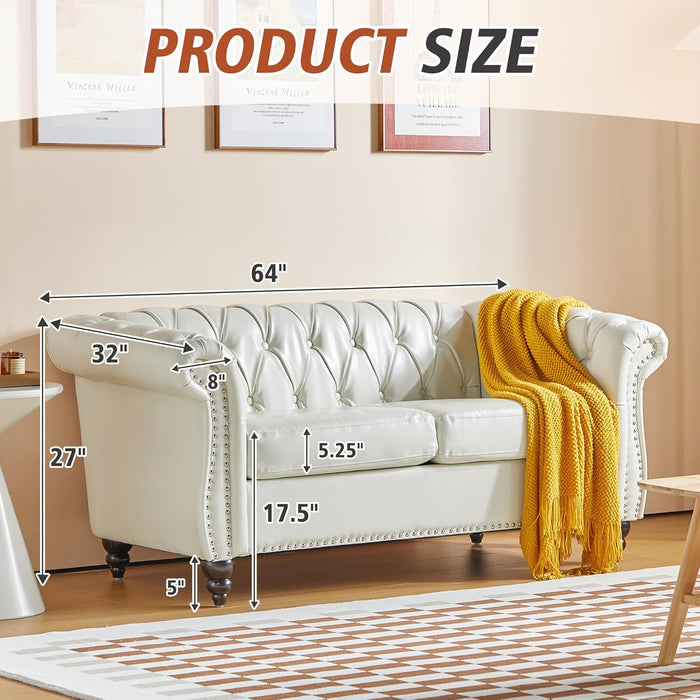 3 Piece Living Room Set, Chesterfield Faux Leather Sofa Loveseat Couch Chair with Scroll Arms and Nailhead for Living Room, Office (White)