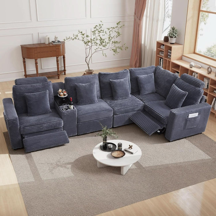 Oversized Modular Sectional Sofa with 2 Power Recliner, 5-Seater L-Shaped Corduroy Reclining Couch with Storage Console Charging Cup Holders, Fluffy Reclining Couches for Living Room,Grey