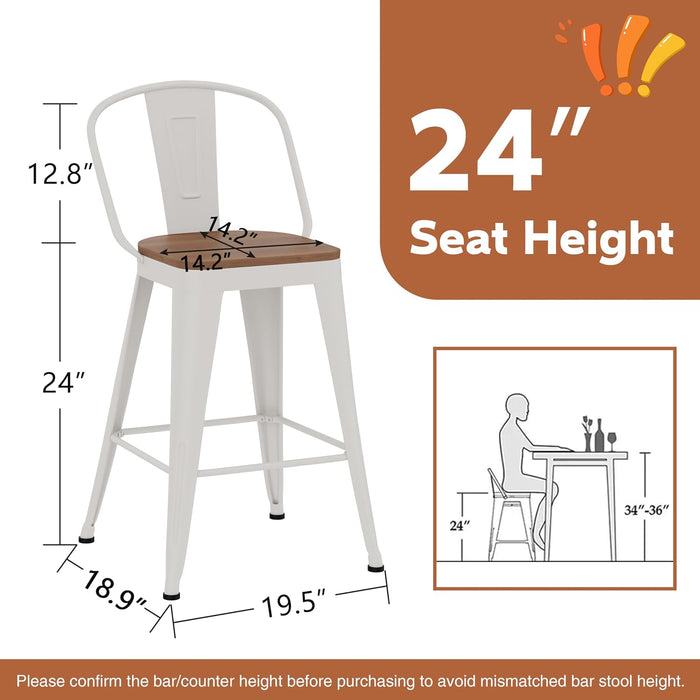 24" Metal Counter Height Bar Stools with Back Set of 4 Off-White | Modern Farmhouse Barstools with Large Seat, Footrest, High Back Counter Bar Chairs for Kitchen Island, Dining Room