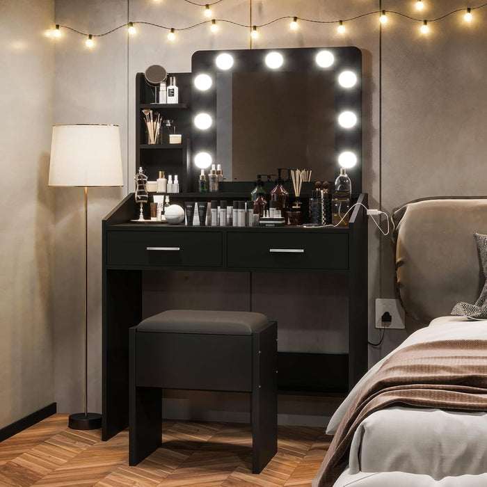 Black Vanity Table Set with Mirror – Dimmable LED Lights, Built-In Power Outlet, 7 & 2 Storage Drawers, Cushioned Stool, Adjustable Light Color, Hairdryer Holder – Bedroom, Black