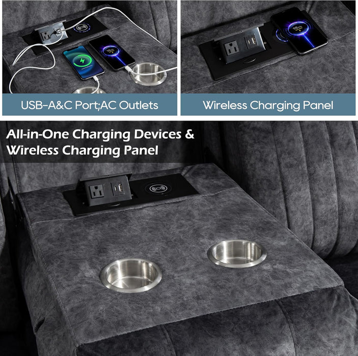 Zero Gravity Power Reclining Sofa with Adjustable Headrest, Electric Reclining Couch with Wireless Charge, USB Ports, Power Recliner Sofa 3-Seater with Drop down Table,Cup Holder,Outlet (Grey)