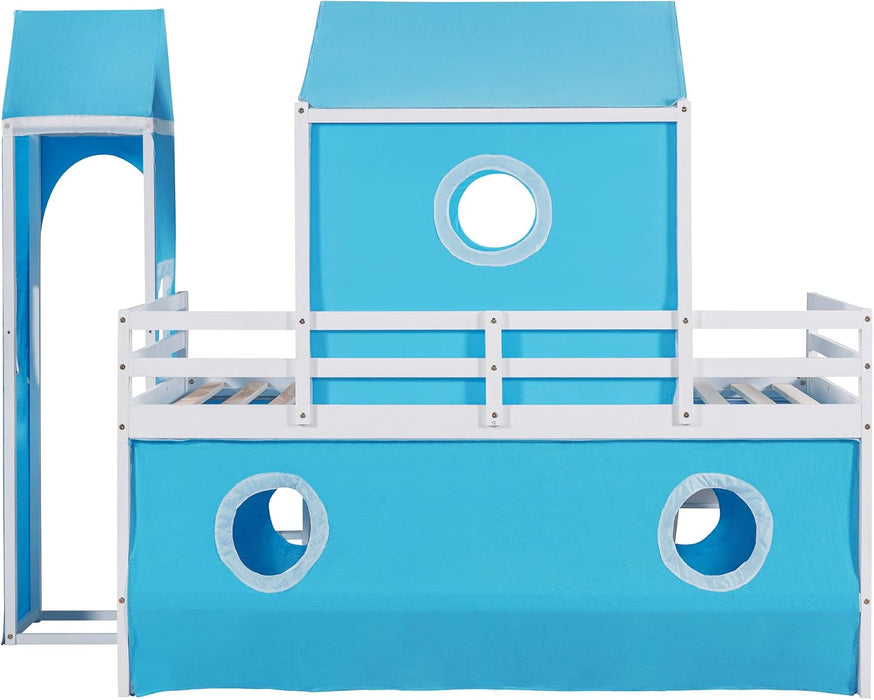 Blue SolidWood Twin Loft Bed With SlideUnderbedCurtains