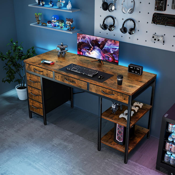 55" Computer Desk with 6 Drawers, Home Office Gaming Desks with Storage Shelves for Bedroom, Writing Study Corner Living Room Work Table Rustic Brown