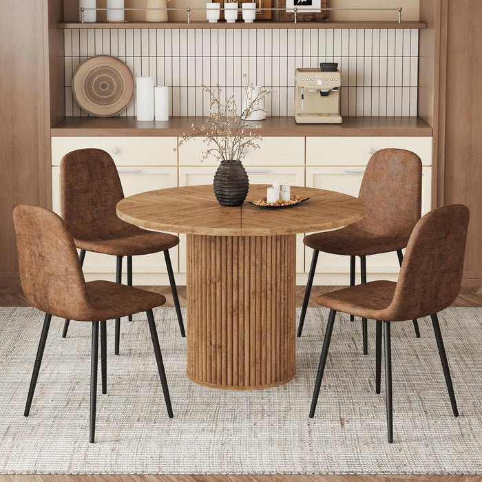 round Dining Table Set for 4, Wooden round Table 5-Piece with Modern Farmhouse Dining Table and 4 Suede Leather Chairs for Kitchen Dining Room, Wooden Table + 4 Brown Chairs