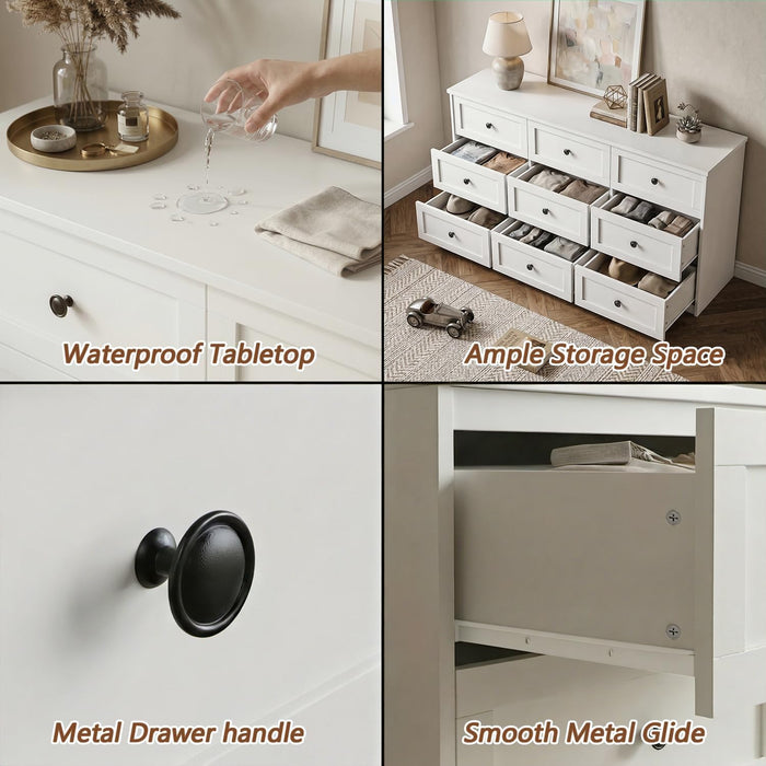 59" Wide White 9 Drawer Dresser for Bedroom with Black Metal Handle