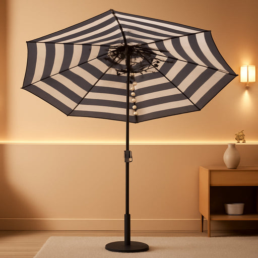 9 Ft Solar Umbrella 32 LED Lighted Patio Umbrella Table Market Umbrella with Tilt and Crank Outdoor Umbrella for Garden, Deck, Backyard, Pool and Beach (Black and White)