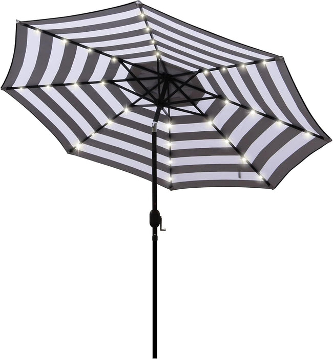 9 Ft Solar Umbrella 32 LED Lighted Patio Umbrella Table Market Umbrella with Tilt and Crank Outdoor Umbrella for Garden, Deck, Backyard, Pool and Beach (Black and White)