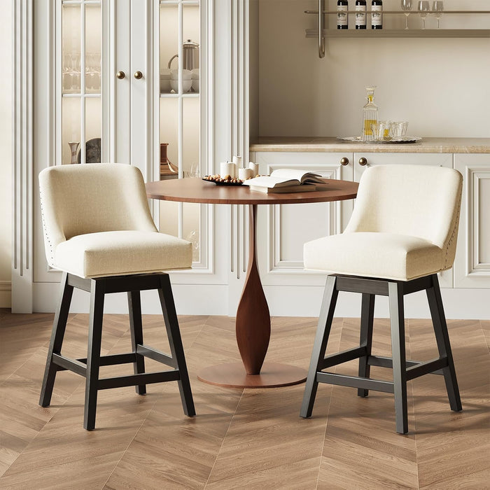 27" Swivel Bar Stools Set of 2, Upholstered Barstools with Padded Seats and Solid Wood Legs, Counter Height Kitchen Stools for Kitchen Island, Breakfast Nook, Beige