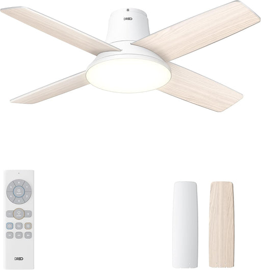 Ceiling Fans with Lights, 44'' Low Profile White Ceiling Fan with Remote Control for Bedroom, 6-Level Dimmable Lighting & 5-Color Tone, 6 Speeds, Reversible DC Motor, Easy Installation, Timer