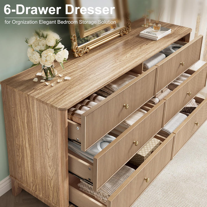 Fluted 6 Drawers Dresser, 54" Wide Modern Chest of Drawers with round Corners, Wooden Dresser TV Stand, Wood Drawer Organizer for Bedroom, Living Room, Hallway