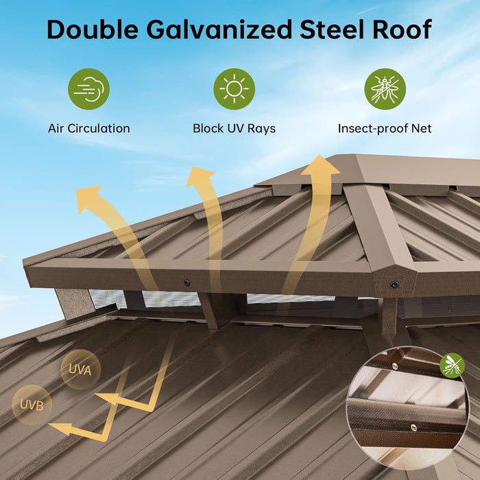 12X16Ft Hardtop Gazebo, Metal Frame with Double Galvanized Steel Roof, Permanent Outdoor Pergola with Curtains and Netting Included for Backyard, Patio, Lawn and Garden, Brown