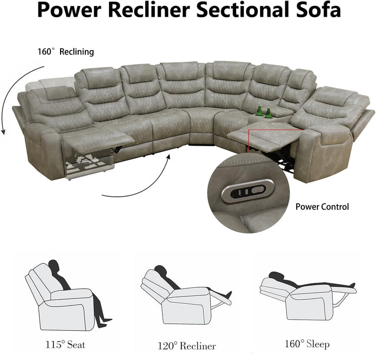 Living Room Furniture Set, Power Reclining Sofa Set, Air Leather Recliners with Built-In USB Ports and Storage Console, LED Reclining Couch Set for Living Room (Grey, Sectional)