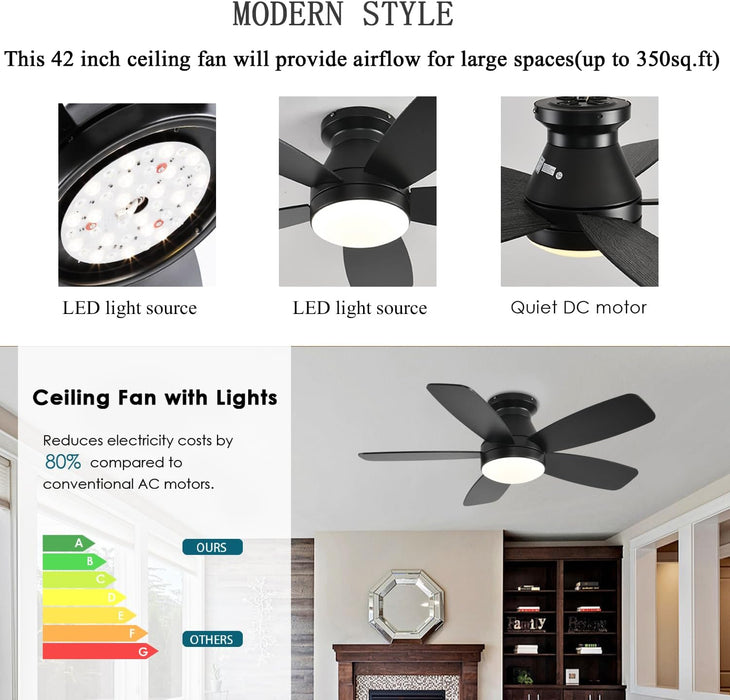 Ceiling Fans with Lights, 42 Inch Low Profile Ceiling Fan with Light and Remote/App Control, Flush Mount, Reversible, 3CCT, Dimmable, Noiseless, Black Ceiling Fan for Indoor/Outdoor Use