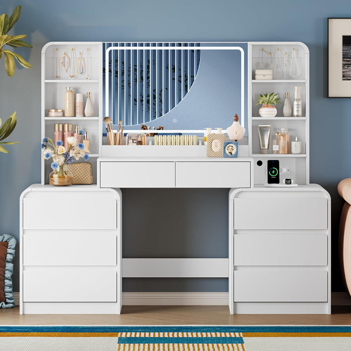 62" Makeup Vanity Desk with HD Lighted Mirror & Charging Station, White | 8 Drawers & Open Shelves, 3 Lighting Modes & Adjustable Brightness, Large Modern Dressing Table for Women & Girls