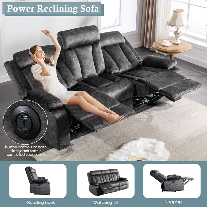 Power Reclining Sofa, 3-Seater Reclining Couch with Massage & Heat, Drop-Down Table, USB & Type-C Charging Ports, Cup Holders, Dutch Velvet, RV & Living Room Reclining Seating