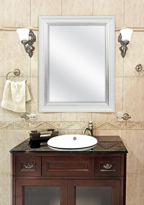 23X29 Large Wall Mirror, White Woodgrained Frame with Silver Embossed Detail & Beveled Detail Mirror, Vertical & Horizontal Wall Hanging Mirror for Bathroom, Bedroom & Livingroom