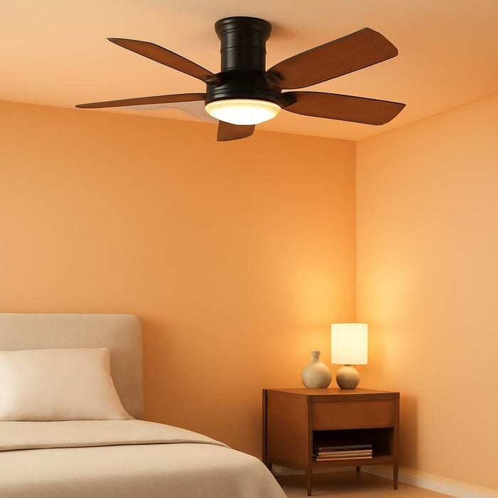 Ceiling Fans with Lights, 42 Inch Low Profile Ceiling Fan with Light and Remote Control, Flush Mount, DC Reversible Motor, Noiseless, Brown 6 Speeds Ceiling Fan for Bedroom