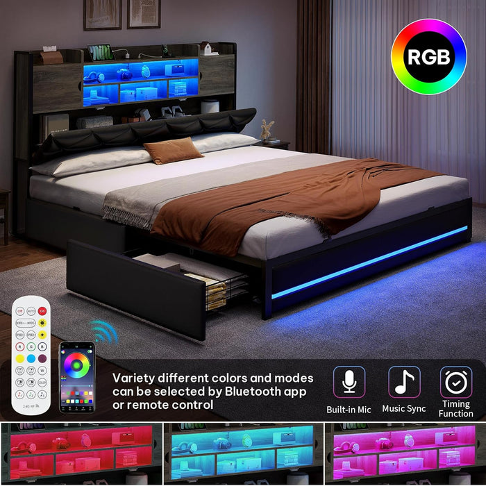 Queen Size Bed Frame with RGB LED Lights & Storage Bookcase Headboard, Upholstered Bed with Charging Station and 4 Drawers, No Box Spring Needed, Easy Assembly, Noise-Free, PU Leather Black