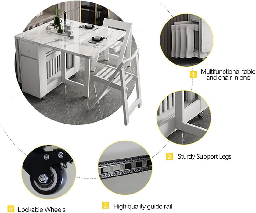 Folding Dining Table with Storage, Kitchen Table for Small Spaces | Foldable, Drop Leaf, Movable, 4 Wheels, Space Saving, Extendable, Marble Texture Top, for Apartment Kitchen Living Room White