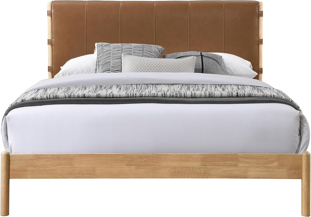 Ashercognac-Q Asher Collection Mid-Century Modern Queen Bed with Soft Cognac Vegan Leather, Solid Wood Natural Finish, 63.75" W X 85.5" D X 43.75" H, Cognac, Queen