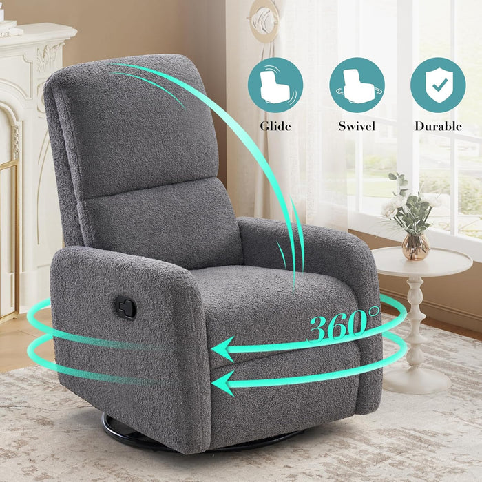 Swivel Rocking Chair, Nursery Glider Recliner Chairs for Adults, Rocker for Living Room Bedroom, Comfy Upholstered Modern Nursing Reclining Single Sofa, Grey Teddy