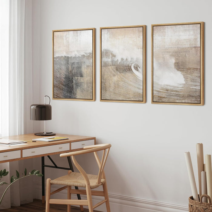 Framed Canvas Print Wall Art Set Gray & Tan Color Block Ocean Wave Overlay Nature Wilderness Digital Art Modern Art Rustic Scenic for Living Room, Bedroom, Office - 24"X36"X3 Natural