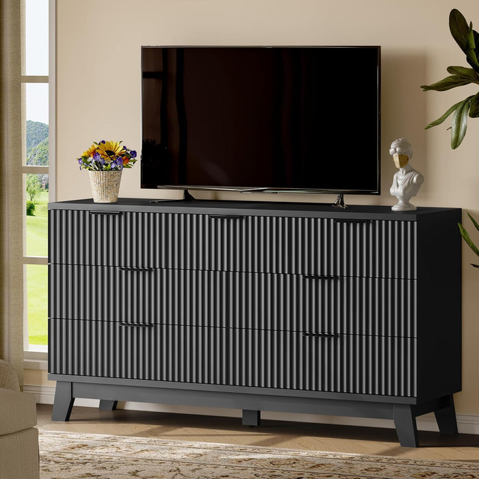 Fluted Dresser with 7 Drawers, 58" Wide Wood Chest of Drawers with Metal Handle, Wooden Dresser TV Stand, Modern Closet Clothes Storage Organizer for Bedroom, Living Room, Hallway, Solid Black
