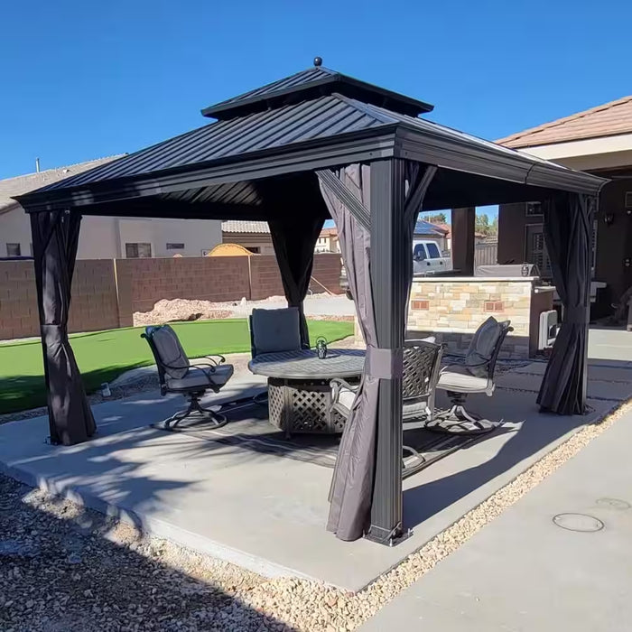 13 Ft. X 13 Ft. Gray Aluminum Power-Coated Frame Galvanized Steel Double Roof Hardtop Gazebo,Hooks, Netting,Gray Curtain