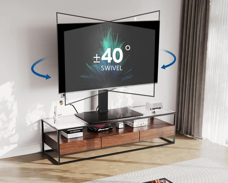 Universal TV Stand with Power Outlets for 50-85 Inch Tvs, Swivel&Height Adjustable Tall TV Stand for Bedroom Living Room, 27.5''Large Tempered Glass Base Holds up to 110 Lbs.