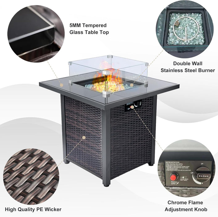 8 Pieces Wicker Patio Furniture Set with Fire Pit Table (Brown/Beige), Perfect for Outdoor, Deck, Garden, Poolside, Includes Splashproof Anti-Slip Cushions and 2 Pillows