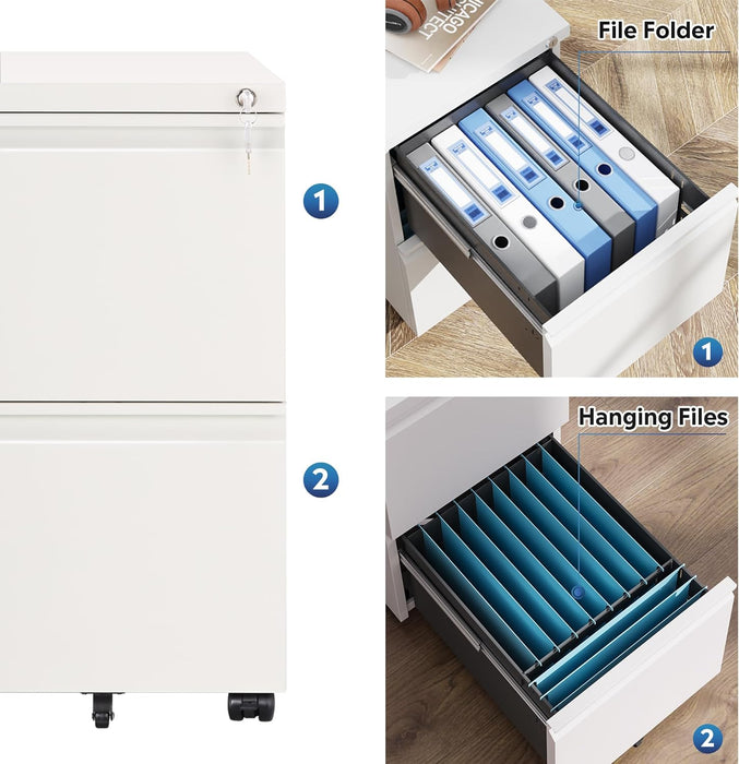 White Mobile Filing Cabinet with Lock & Drawers