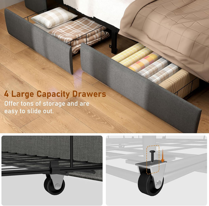 Queen Bed Frame with Storage Headboard and 4 Drawer, Metal Platform Bed Frame Queen Size with LED Light, Charging Station, No Box Spring Needed, Noise Free, Easy Assembly, Grey